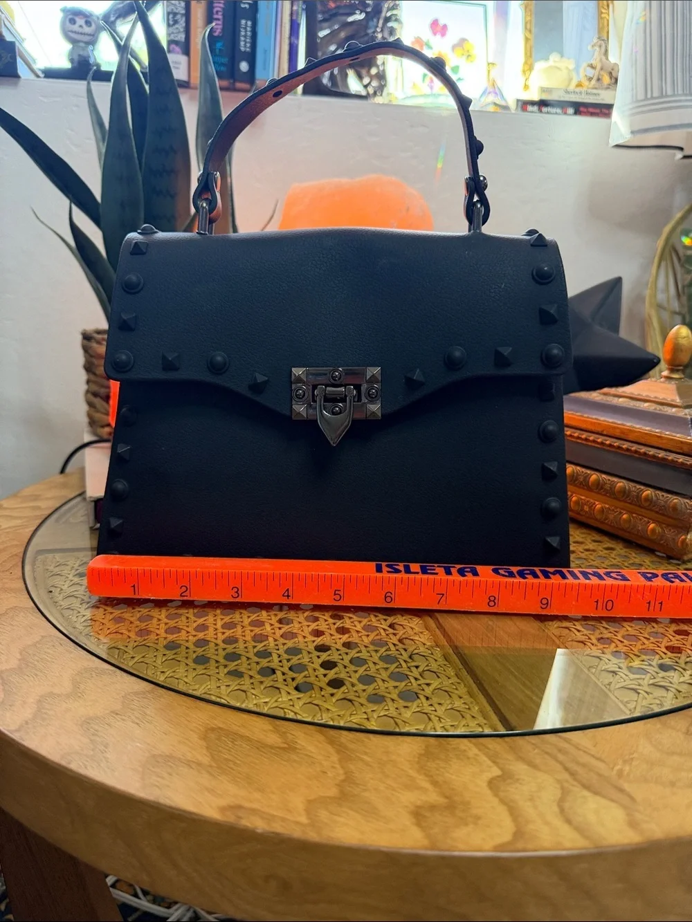 Black Studded Rubber Satchel Goth Punk Rockstud Top Handle Bag